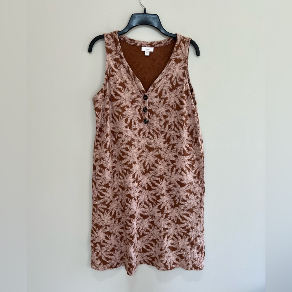 J. Jill Empire Palm Leaf Cotton V-Neck Sleeveless Tank Dress Pockets Brown, M/P